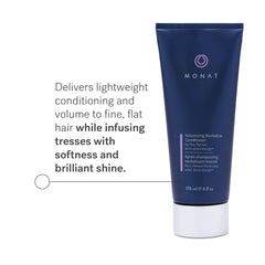 MONAT Volumizing Revitalize Conditioner packaging display highlights vegan formula benefits.
