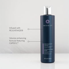 MONAT Volumizing Revive Shampoo foam lather cleanses while preserving moisture.