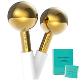 MonétBeauty gold stainless steel ice globes glide across skin for cooling and depuffing.