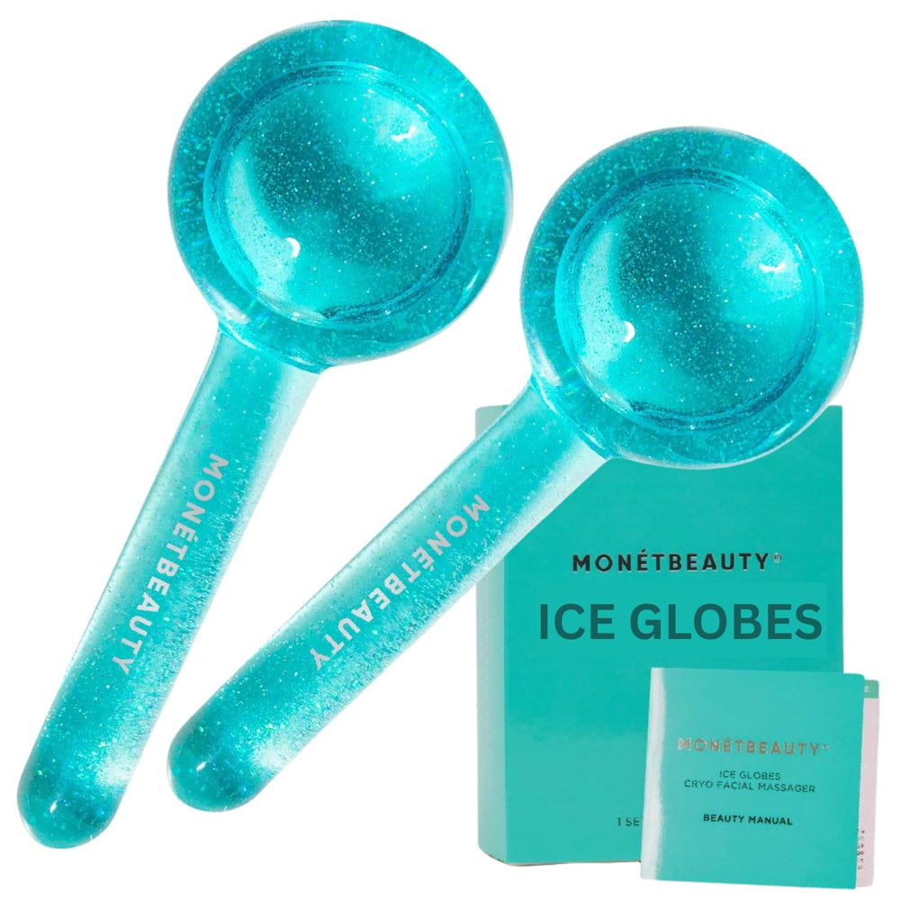 MonétBeauty Ice Globes setup image showing premium borosilicate glass for at-home cryo facials.