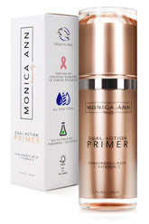 Monica Ann Beauty Dual-Action Face Primer bottle highlighting pore-minimizing formulation for smoother skin