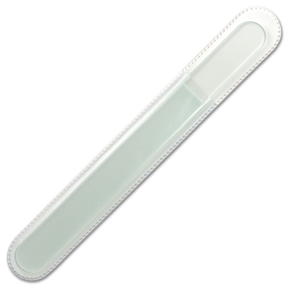 Mont Bleu glass nail file close-up showcasing durable Czech tempered glass for precise shaping.