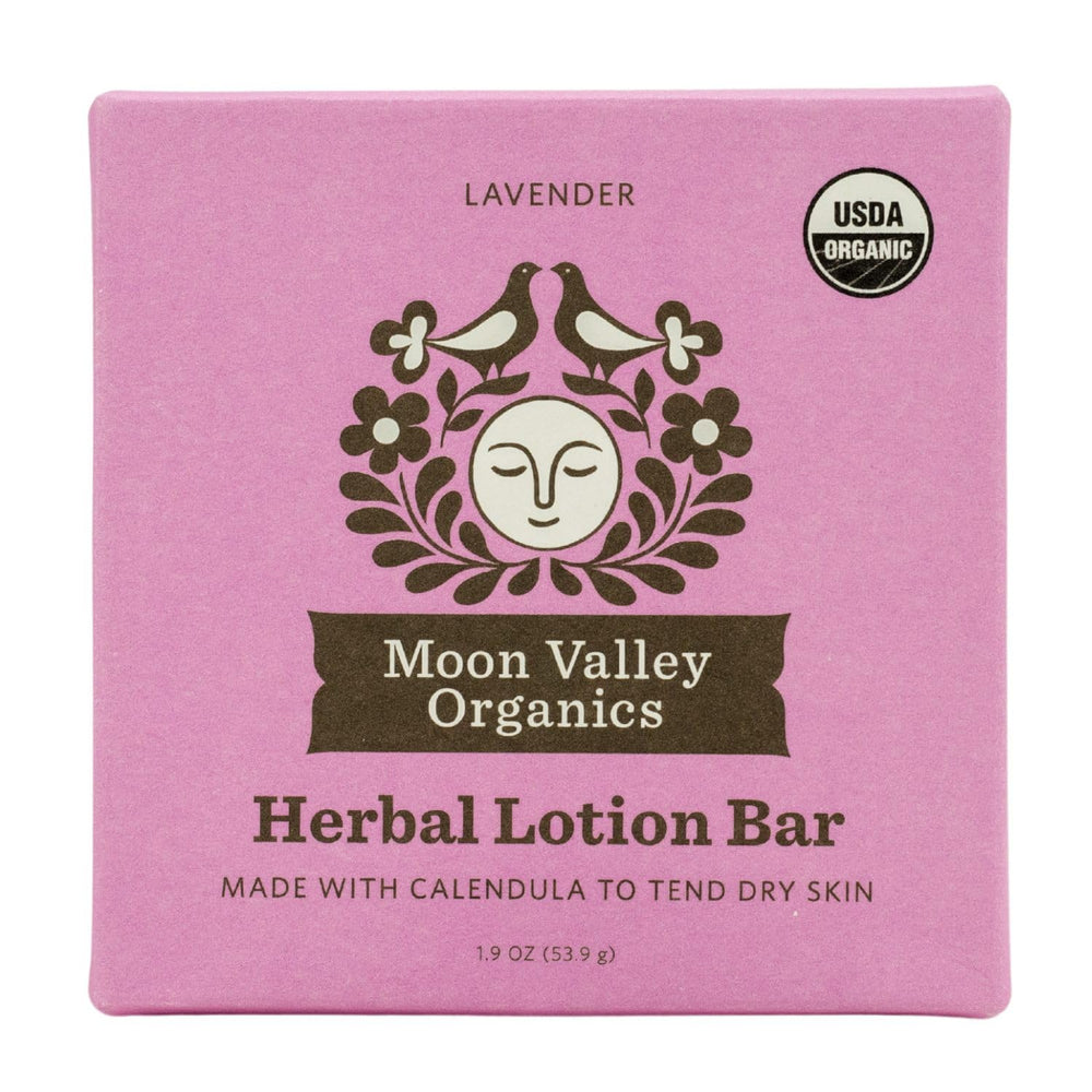 Moon Valley Organics Moon Melt Bar lavender packaging highlights soothing aromatherapy