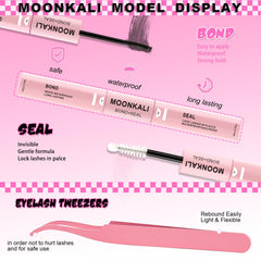 MOONKALI waterproof lash clusters glue closeup highlighting strong hold.