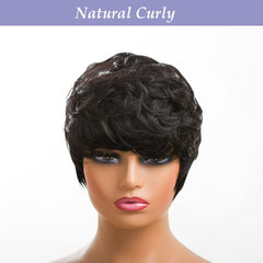 MOONSHOW black curly wig with bangs offers effortless styling for daily looks.