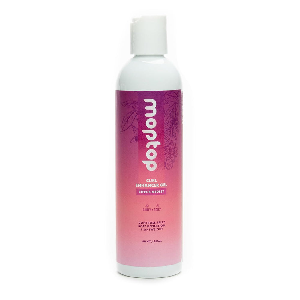 MopTop Curl Enhancer Gel bottle shows lightweight frizz control for defined curls
