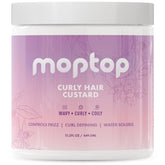 MopTop Curly Hair Gel Custard bottle closeup highlighting lightweight moisture and frizz control