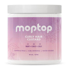 MopTop Curly Hair Gel Custard bottle-front highlights lightweight moisture for soft, defined curls
