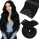 Moresoo black clip-in extensions worn by model for natural volume.