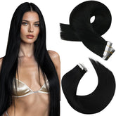 Moresoo black tape extensions closeup: seamless blend for natural-looking hair