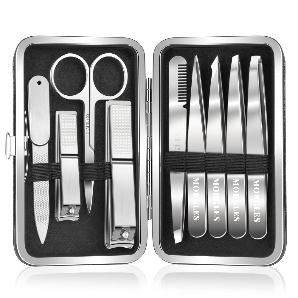 MORGLES 9pc-tweezers-nail-clipper-set-leather-case demonstrates organized grooming on the go.