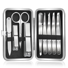 MORGLES 9pc-tweezers-nail-clipper-set-leather-case demonstrates organized grooming on the go.
