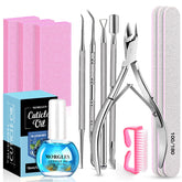 MORGLES nail-files-buffers-set with blueberry cuticle oil packaging supports at-home manicures.