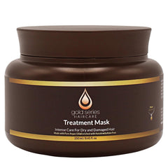 Moroccan Gold Series Treatment Mask packaging jar demonstrates deep conditioning for dry, damaged hair