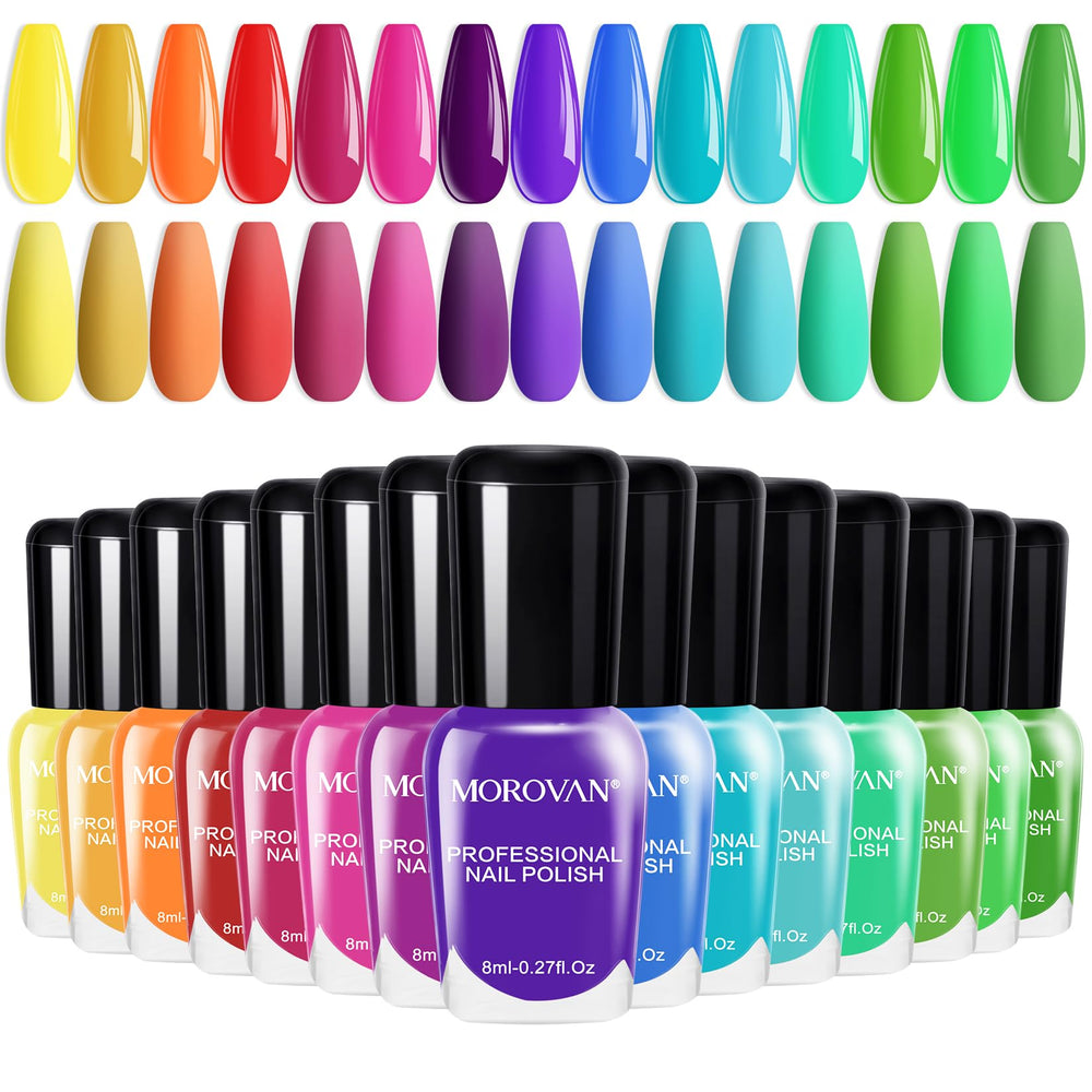 Morovan 15 bright color nail polish set shown with vibrant everyday shades.