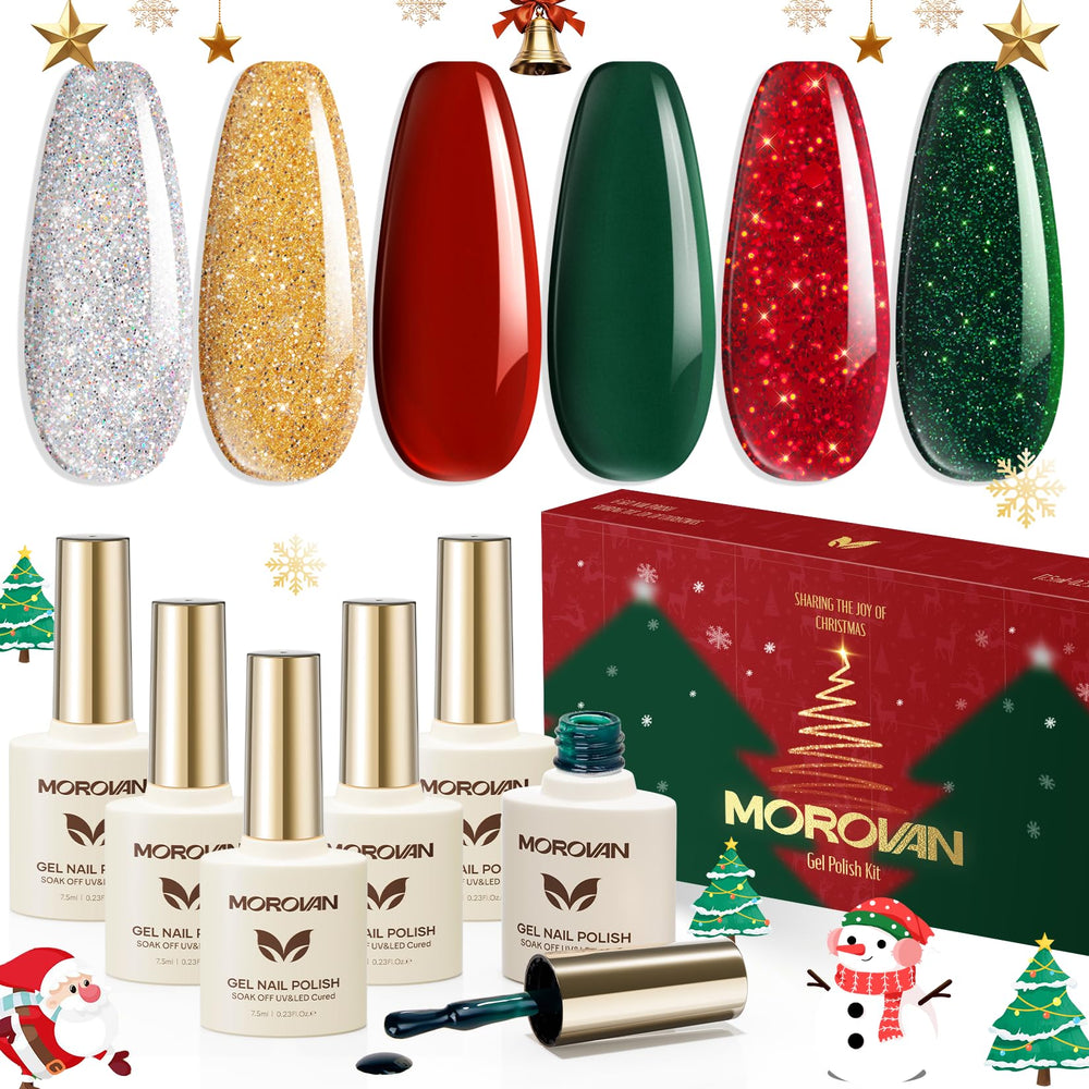 Morovan gel nail polish set Christmas colors front view shows vibrant holiday shades for at home nails