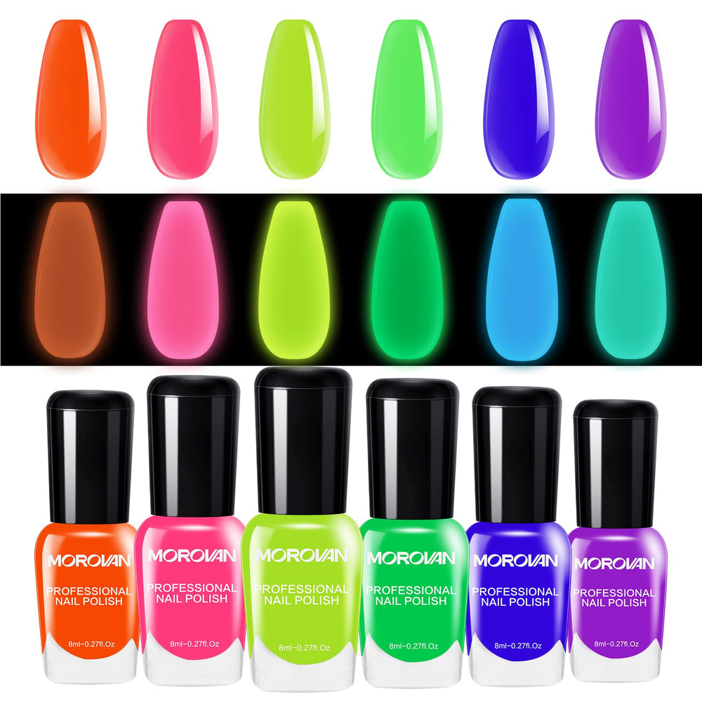 Morovan Neon Nail Polish Set glow image highlights vibrant glow-in-the-dark shade for night parties.
