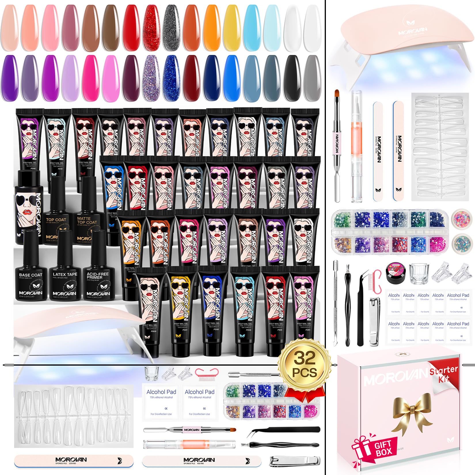 Morovan Poly Gel Nail Kit color palette with 32 shades for versatile manicures