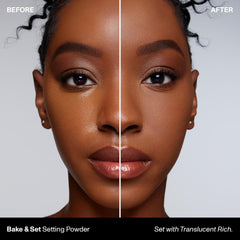 MORPHE Bake & Set powder translucent shade swatch for natural, shine-free complexion.