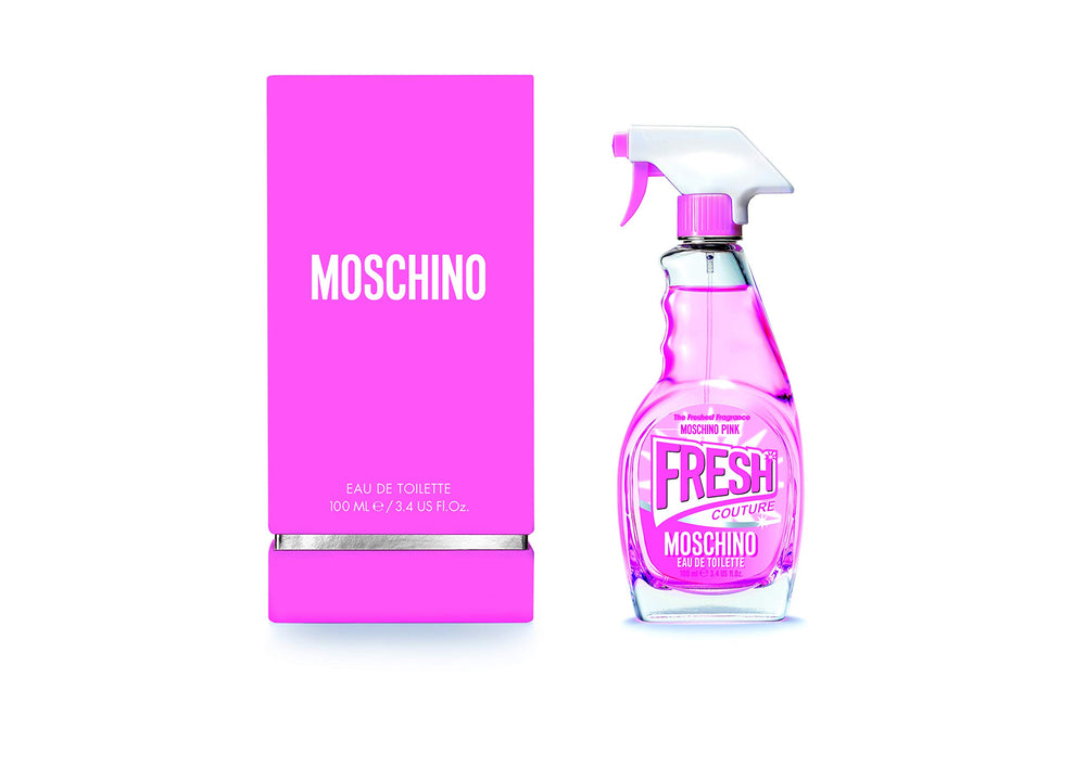Moschino Pink Fresh Couture bottle closeup, playful floral fragrance for daily wear