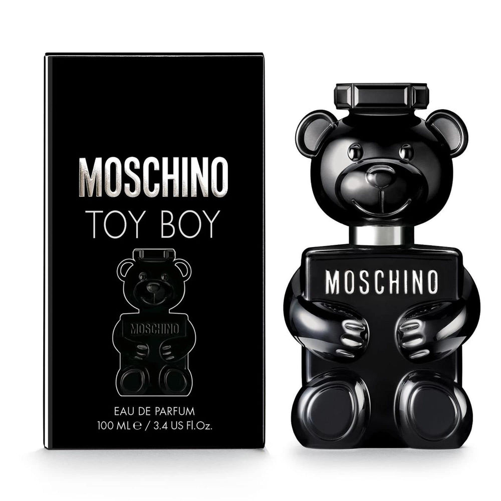 Moschino Toy Boy fragrance bottle front shows sleek black glass and silver finish for modern appeal