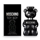 Moschino Toy Boy fragrance bottle front shows sleek black glass and silver finish for modern appeal