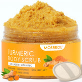 MOSRROU Turmeric Body Scrub jar closeup with creamy texture for smooth, radiant skin.
