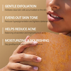 MOSRROU Turmeric Body Scrub texture closeup highlighting natural exfoliants for smoother skin.