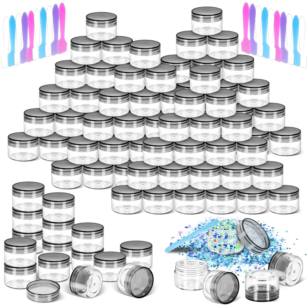 MotBach empty plastic containers with black lids offer compact, travel-friendly sample storage.