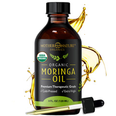 Mother Nature Organics moringa seed oil bottle closeup for skin hydration and glow.