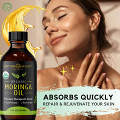 Mother Nature Organics moringa oil texture image emphasizes nourishing consistency for body and hair.