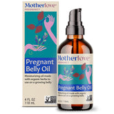 Motherlove Pregnant Belly Oil bottle shows vegan organic moisturizer for itchy skin.