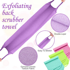 Moukeren back scrubber purple with extended reach targets the mid-back for even lather.