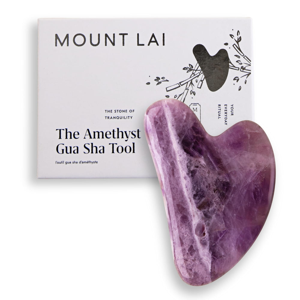 Mount Lai Amethyst Gua Sha closeup shows genuine amethyst for calming rituals.