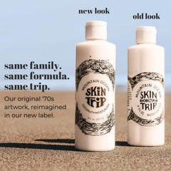 Mountain Ocean Skin Trip coconut body lotion closeup label highlights cruelty-free, paraben-free formula
