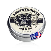Mountaineer Brand beard balm original cedar fir tin close-up for conditioning