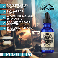 Mountaineer Brand beard oil dropper in use delivering light moisture for healthy-looking beard.