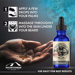 Mountaineer Brand natural beard oil ingredients label highlighting a 100% natural formula.