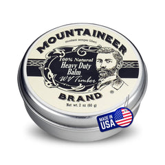 Mountaineer Brand natural heavy-duty beard balm timber bottle demonstrates rugged conditioning for daily wear.