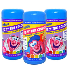 Mr. Bubble Fizzy Tub Colors cap waterfall creates a vibrant bath experience.