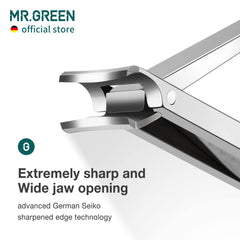 MR.GREEN stainless steel blade close-up showing lasting sharpness.