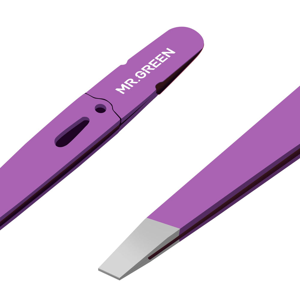 MR.GREEN eyebrow tweezers purple closeup shows precision tips for clean brows