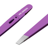 MR.GREEN eyebrow tweezers purple closeup shows precision tips for clean brows