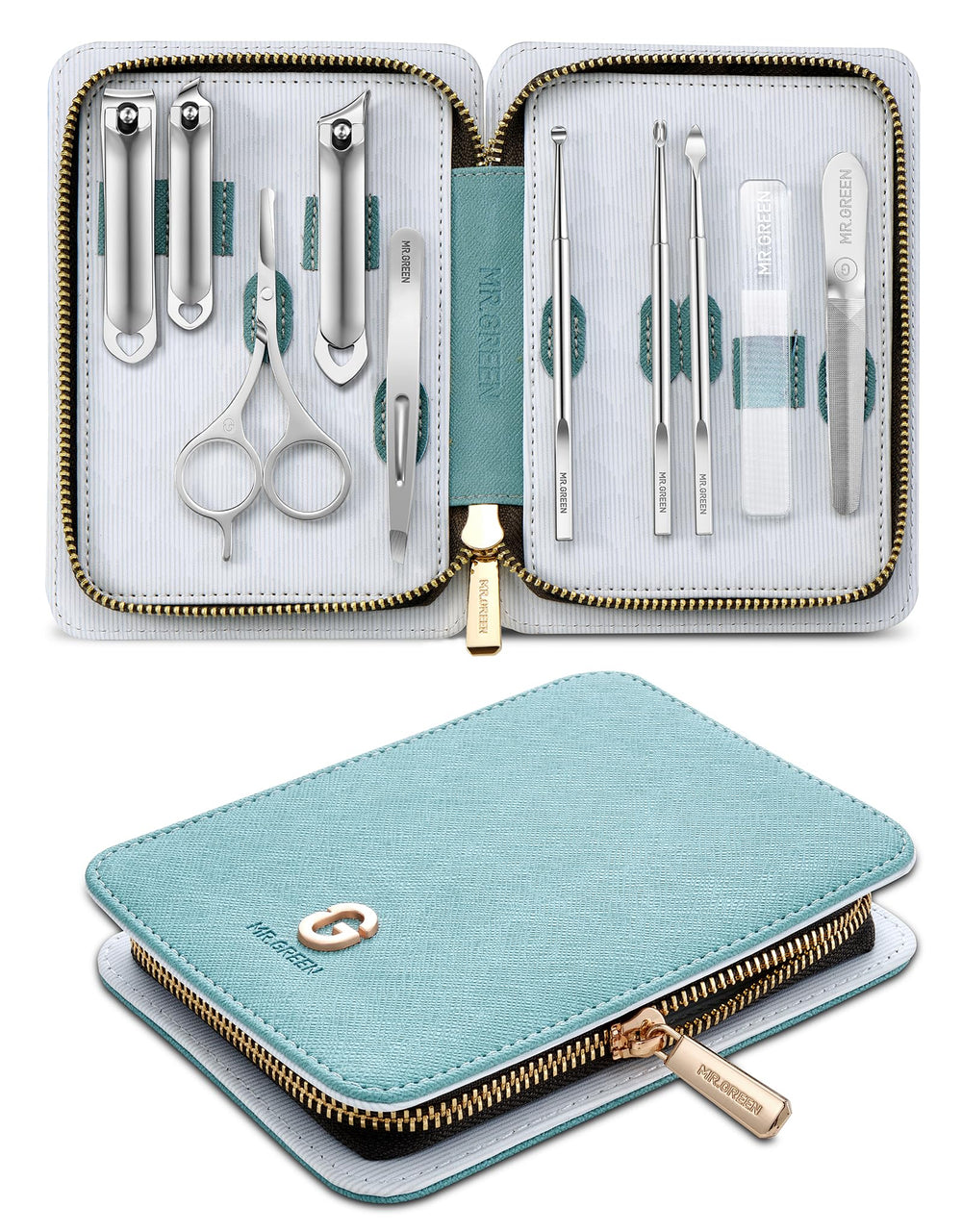 MR.GREEN manicure kit leather-case-open for portable grooming on the go