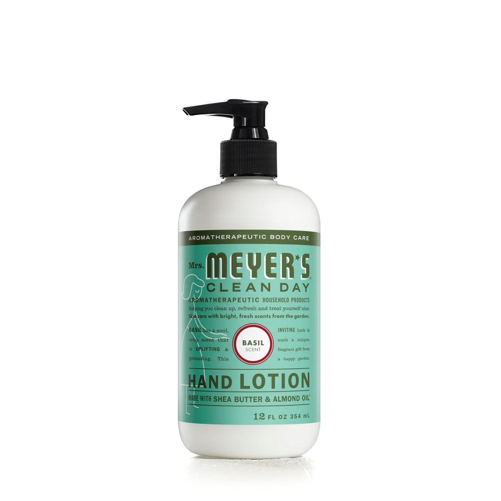 Mrs. Meyer's Clean Day Basil hand lotion jar showing non-greasy moisture for dry hands