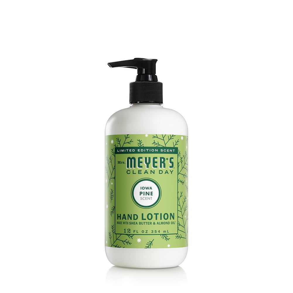 Mrs. Meyer's Clean Day Iowa Pine hand lotion bottle shows non-greasy moisture for dry hands.