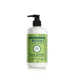 Mrs. Meyer's Clean Day Iowa Pine hand lotion bottle shows non-greasy moisture for dry hands.