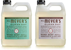 Mrs. Meyer's Clean Day Hand Soap Refill Lavender Basil bottle front shows refreshing garden scent