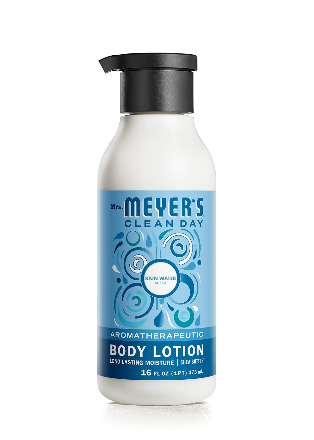 Mrs. Meyer's Clean Day Rain Water bottle front view shows moisturizing lotion for skin.