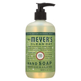 Mrs. Meyer's Iowa Pine Hand Soap bottle highlighting festive scent and non-drying care.